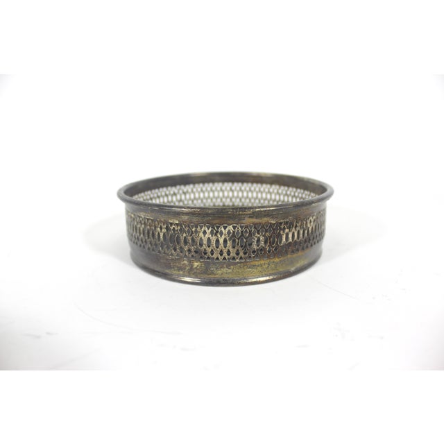Vintage Italian Silver Plated Wine Coaster With Faux Wood Base and Pierced Sides, Bottle Holder, Entertaining Style, Patina For Sale - Image 4 of 11