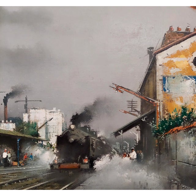 Textile Gabriel Marc Ferro -Hazy Shade of Winter at a French Railroad Station-Oil Painting For Sale - Image 7 of 11