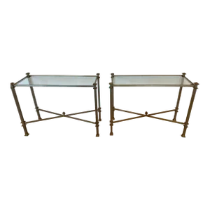 French Maison Jansen Steel Bronze & Glass Console Tables -A Pair