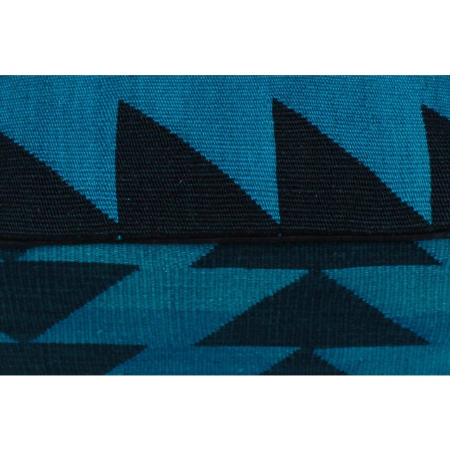 Boho Chic Blue/Black Handmade Kilim Upholstered Ottoman For Sale In New York - Image 6 of 9
