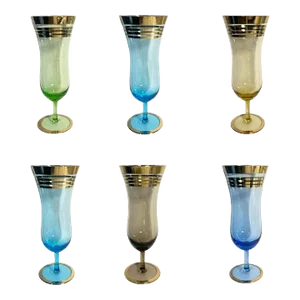 Mid Century Multicolor Gold Rim Hurricane or Cyclone Glassware - Set of 6