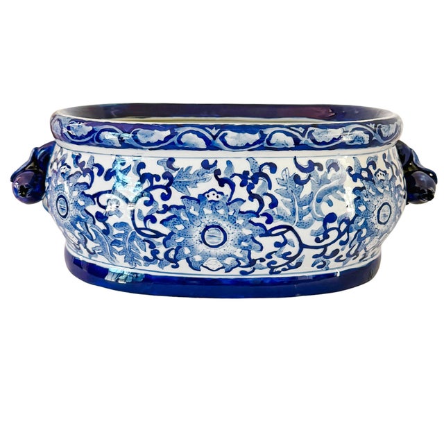 Late 20th Century Large Chinoiserie Blue & White Porcelain Foot Bath Planter With Pomegranate Handles For Sale - Image 11 of 11