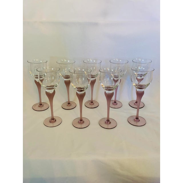 Vintage Frosted Dusty Rose-Color Stem Deco-Style Wine Glasses- Set of 9 For Sale - Image 13 of 13