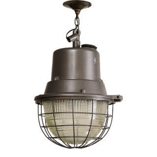 Mid-Century Industrial Pendant Light With Original Glass, C. 1940 For Sale