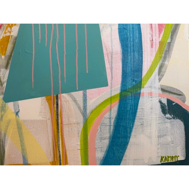 Large Contemporary Abstract Acrylic Painting – Teal, Coral & Yellow Drip Expressionism For Sale In Atlanta - Image 6 of 10
