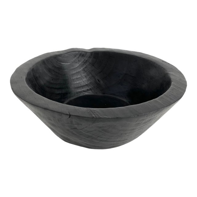 Artisan Hand-Carved Teak Wood Black Bowl For Sale