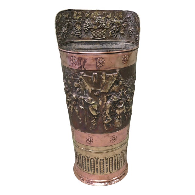 Large Arts and Crafts French Embossed Brass Stick Stand For Sale