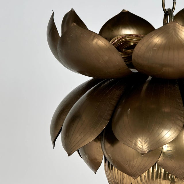 Chic vintage Feldman pendant or light fixture crafted in brass with four layers of etched stylized lotus leaves. We have...