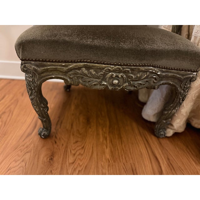 Louie IV Rococo style - Merchandise Mart purchase. Pair (2) of large carved accent chairs. The seats are covered in green...