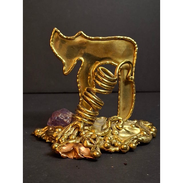 Vintage 1970s Copa Brazil Brutalist Hebrew Chai Brass & Amethyst Sculpture For Sale In Boston - Image 6 of 7