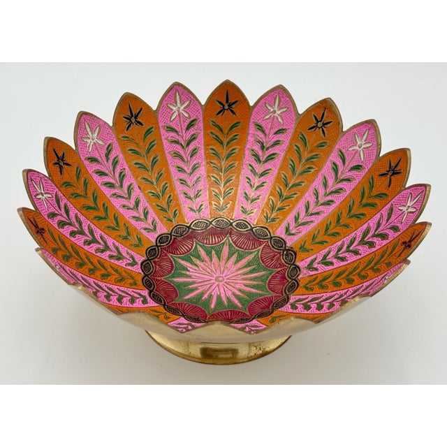 Pair of Boho Brass & Pink Enameled Lotus Bowls by Sarreid Ltd. A striking pair of mid-20th-century Indian brass pedestal...
