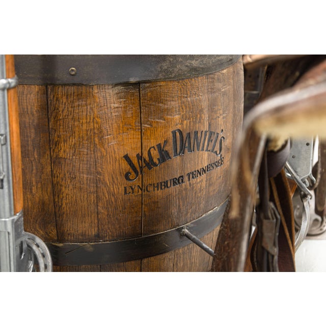 Contemporary Custom Made Whiskey Barrel Pub Table With 4 Horse Saddle Stools For Sale - Image 4 of 14