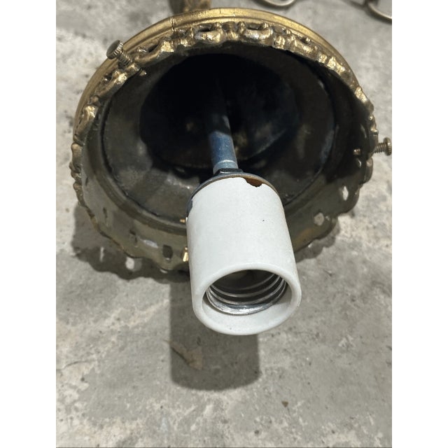 Brass Antique Victorian Style Ornate Brass and Etched Glass Globe Wired Pendant Light For Sale - Image 8 of 8