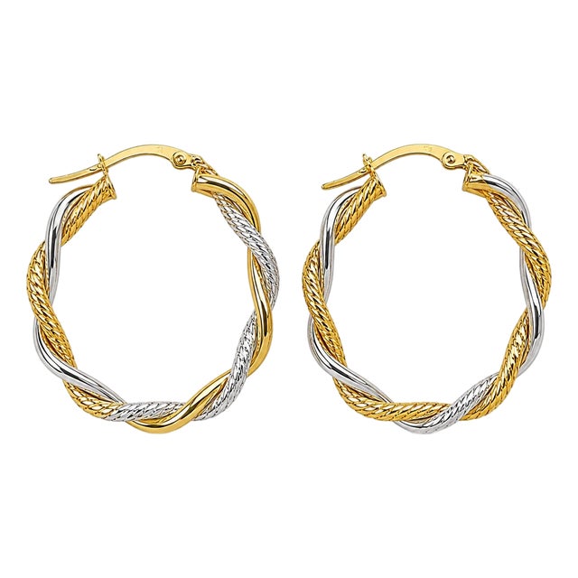 Late 20th Century Pair of 14K Two Tone Rose Gold Braided Hoop Earrings For Sale
