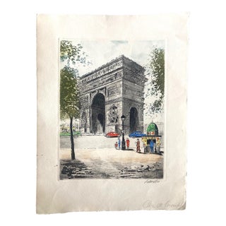 Hand-Colored French Etching, Arc De Triumphe, Paris, Artist Signed, Vintage For Sale