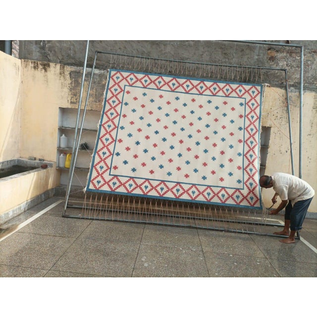 Handmade Cotton Vegetable Dyed Rug, White, Sky Blue and Terracotta Star Dhurrie-9'x12' For Sale - Image 11 of 13