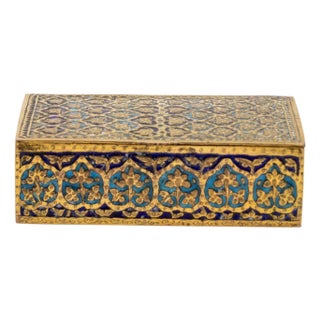 1900s Gilt Brass and Blue Enamel Cigarette Box With Floral and Geometric Decoration For Sale