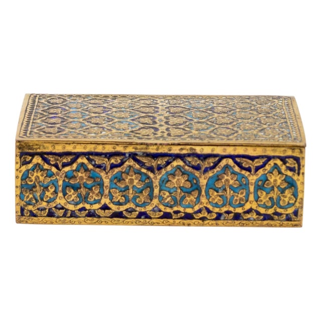 1900s Gilt Brass and Blue Enamel Cigarette Box With Floral and Geometric Decoration For Sale