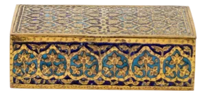 1900s Gilt Brass and Blue Enamel Cigarette Box With Floral and Geometric Decoration