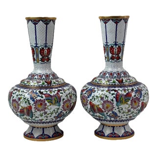Pair of Chinese Cloisonne Enamel Vases Lotus White and Floral Butterflies For Sale