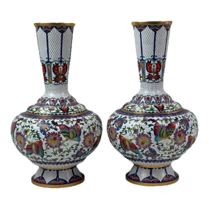 Pair of Chinese Cloisonne Enamel Vases Lotus White and Floral Butterflies