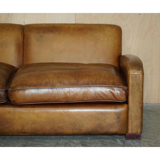Brown Art Deco Hand Dyed Brown Leather Three Seat Sofa with Feather Filled Seat in the style of Odeon For Sale - Image 8 of 18