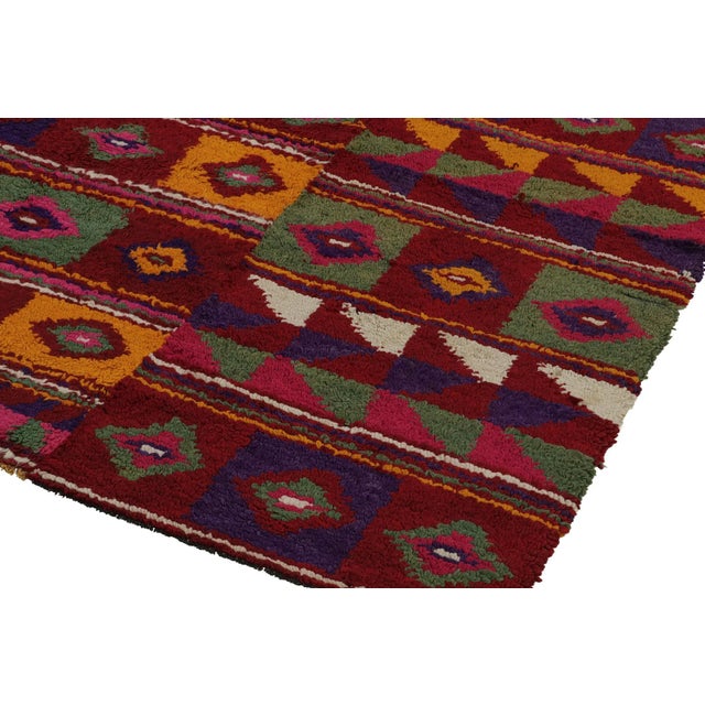1950s 1950s Vintage Tulu Tribal Rug in Red With Polychromatic Diamond Patterns For Sale - Image 5 of 7