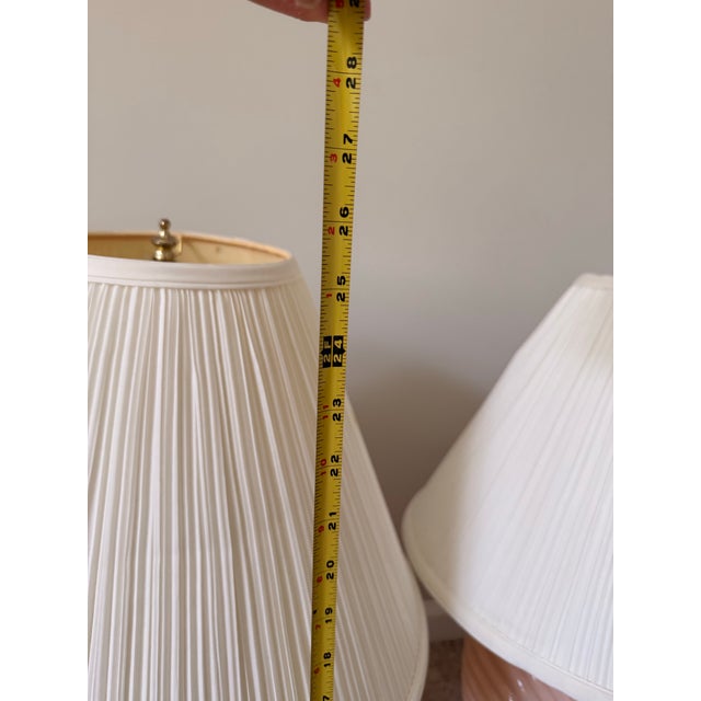 Pair of Vintage 1980s Art Deco Revival Shell Table Lamps - Peachy Pink With Pleated Shades For Sale In Baltimore - Image 6 of 8