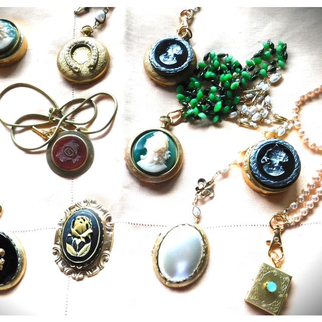 Gold Vintage Four Photo Etched Locket, Pink Pearl Chain, Faceted Pacific Opal Stone, Lobster Claw For Sale - Image 8 of 12