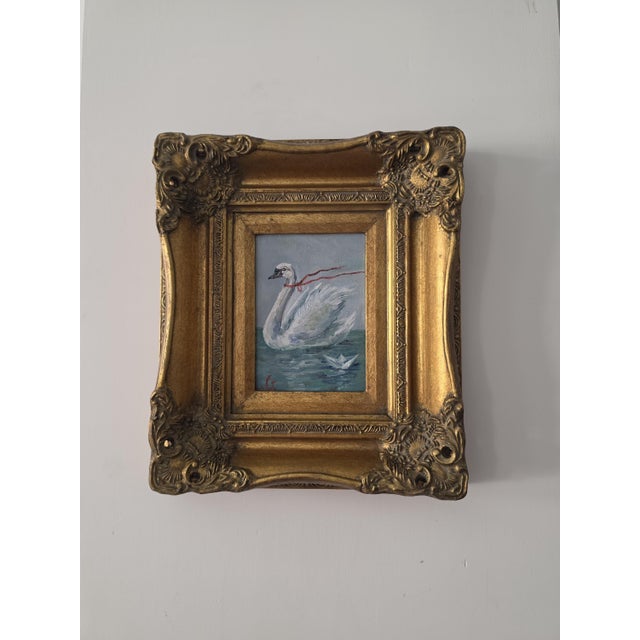 Vintage Ornate Gold Picture Frame With Original Swan Oil Painting, Baroque Wall Art, Gilded Hollywood Regency Decor For Sale - Image 4 of 9