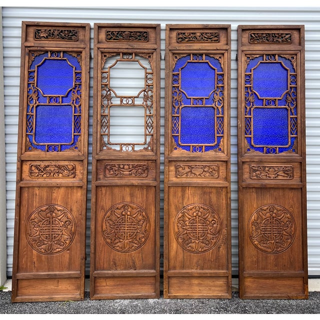 Set of 4 Chinese Antique Elm Wood Screens | Chairish