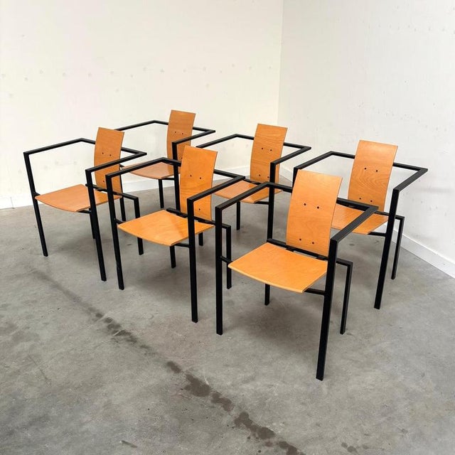 Remarks: Set of six Trix armchairs by K.F. Förster for KFF Design. 1980s German design. Steel frames with beech wooden...