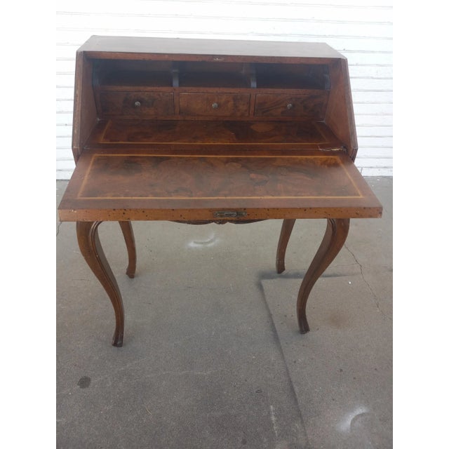French Provincial Burl Walnut w/ Inlay Drop Front Desk 28”x16”x38"
