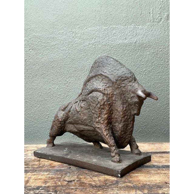 Coffee Vintage MCM Textured Plaster Bull Sculpture For Sale - Image 8 of 14