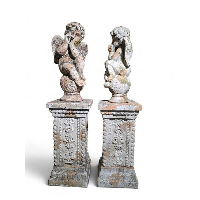 19th Century 19th Century Italian Terracotta Cherub Sculptures on Pedestals, 1890, Set of 2 For Sale - Image 5 of 11