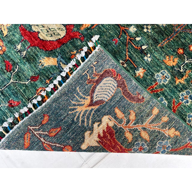 Green Afghan Pictorial Peacock & Bird Garden Hand-Knotted Wool Rug - 9'11" X 6'6" For Sale - Image 12 of 12