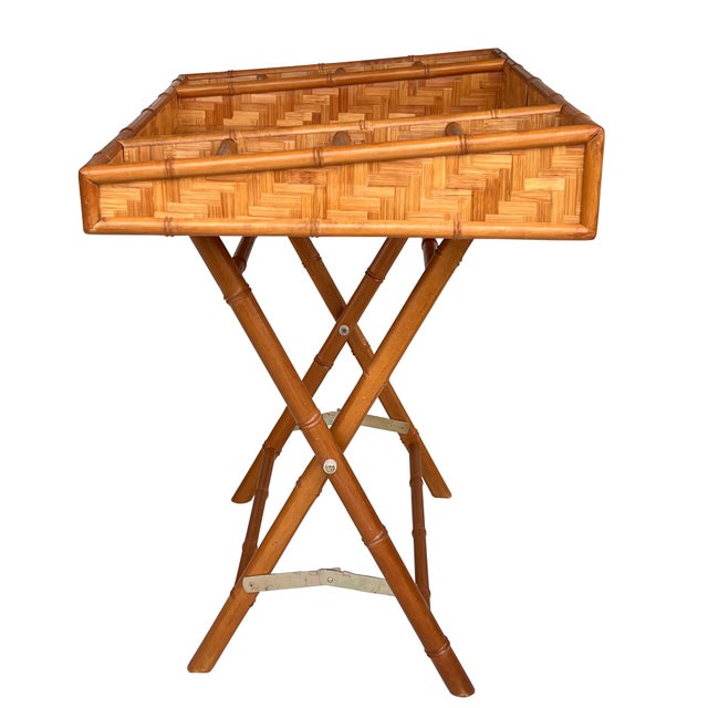 Vintage Bamboo and Woven Rattan Folding Butler Tray Stand, Coastal Campaign For Sale - Image 11 of 13