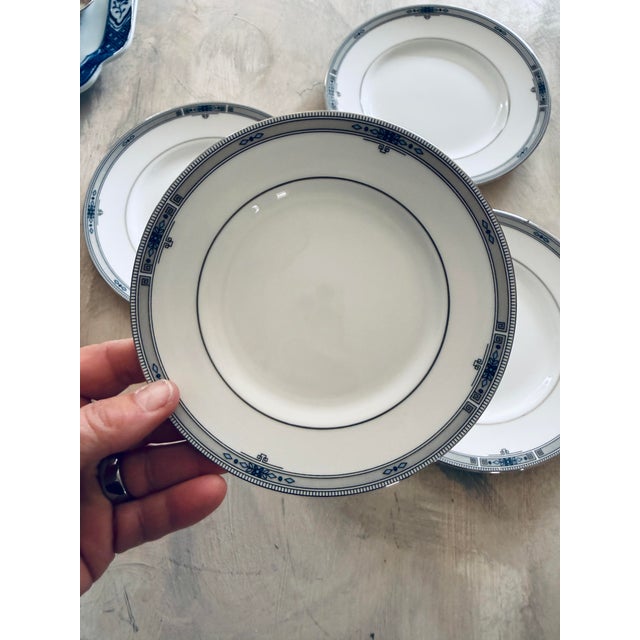Late 20th Century Wedgwood Amherst Bone China Plates 6 Inch Dove Gray Greek Key Blue Floral England - Set of Five (5) For Sale - Image 10 of 12