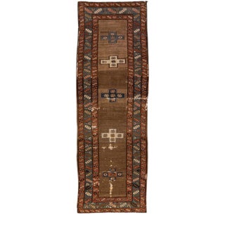 Antique Serab Brown Handmade Distressed Wool Runner For Sale