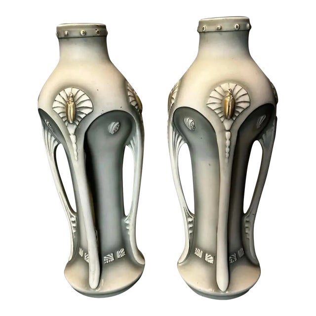 Antique Art Nouveau Amphora Style Art Pottery Buttress Vases- Set of 2 For Sale