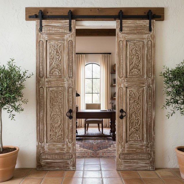 Brown Antique Hand-Carved Wooden Door Panel | Distressed Whitewash Floral Barn Door, Vintage Door 96x27 For Sale - Image 8 of 8