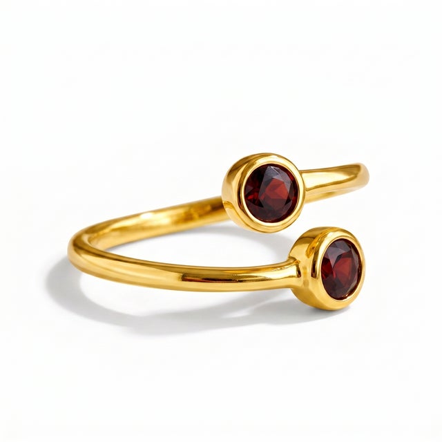 Contemporary Natural Garnet Bypass Ring • Two Stone Red Gemstone Ring • Adjustable Wrap Ring Us 7 For Sale - Image 3 of 3