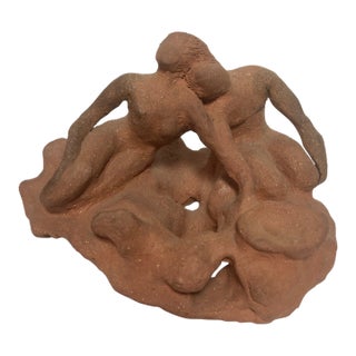 Vintage Mid-Century Raw Terracotta Figural Maquette – Hand-Modeled Organic Modern Couple Sculpture For Sale