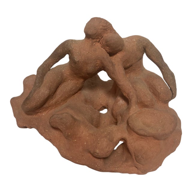 Vintage Mid-Century Raw Terracotta Figural Maquette – Hand-Modeled Organic Modern Couple Sculpture For Sale