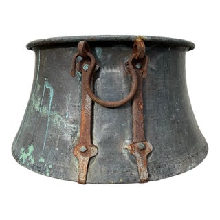Huge Antique Copper Cachepot With Wrought Iron Handles For Sale