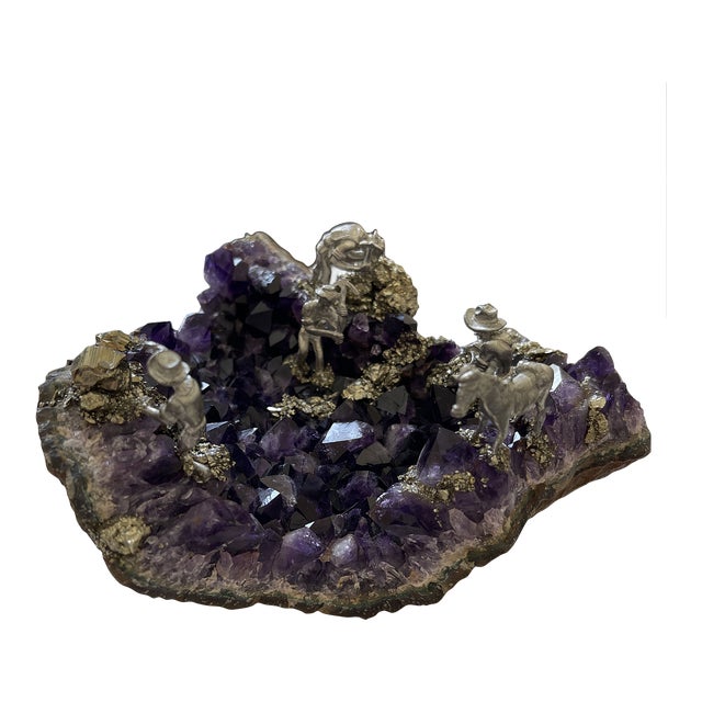 1980s Art Deco Amethyst with Sterling Silver Miners & Donkey Scene For Sale