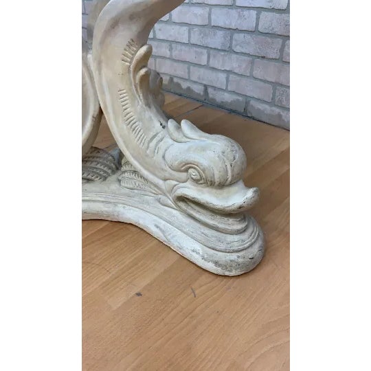 Vintage Neoclassical Faux-Stone Dolphin Pedestal Table With Glass Top For Sale - Image 9 of 11