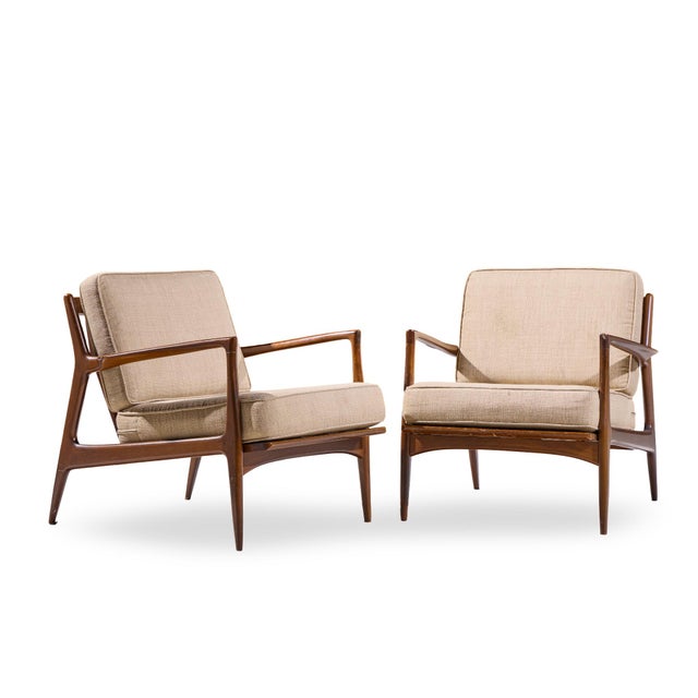 Kofod Larsen for Selig Mid Century Danish Lounge Chairs - Pair Each chair measures: 30 wide x 30 deep x 29 high, with a...