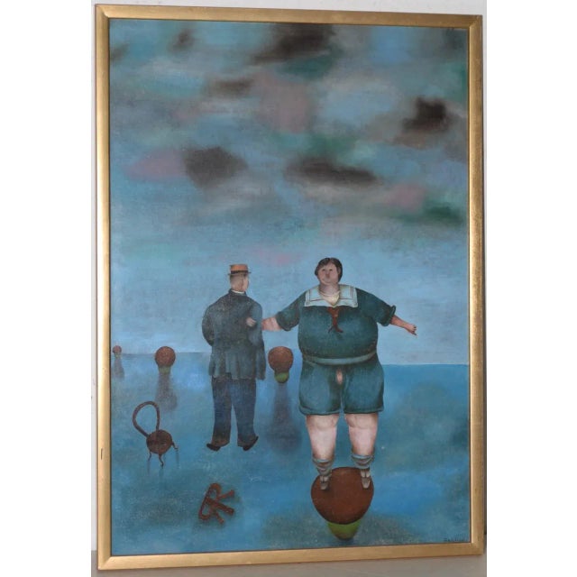 Surreal Landscape W/ Figures by Rachid Kamoun C.1959 Style of Gertrude Abercorombie For Sale - Image 9 of 9