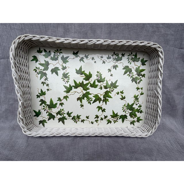 Plastic Vintage White Faux Wicker Green Ivy Vine Serving Tray For Sale - Image 7 of 18